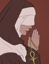 A nun holding a unique necklace.