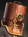 A woman wearing rugged clothing and a massive metal helmet.