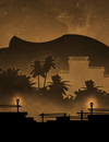 An island with a large structure resembling a face.