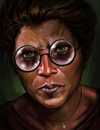 A stern-looking woman with glasses.