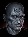A man with a marking on his forehead made of stone.