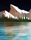 A landscape with mountains in a dark sky, with a sea lit from below.