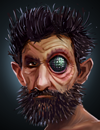 An individual with distorted facial features, an eye with several lenses, and a beard.