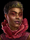 A rose-dressed woman with streaks of red lining her eyes.