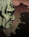 A man of stone overlooking a strange city.