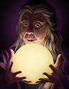 A elderly woman looking into a crystal ball.
