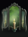 A three-sided mirror showing a green landscape.
