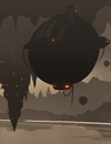 A blimp exploring the ceiling of a cave.