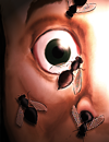 A person with their face swarmed by bees.