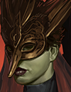 A woman with green skin wearing a swan mask.