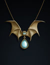 A blue jeweled necklace with a bat design.