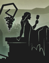 A statue of a woman holding a wine glass near some grapes.