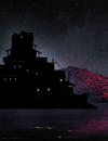 An island city with a field of red flowers.