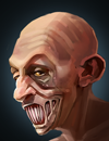 A person with distorted facial features.