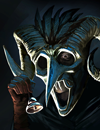 A person wearing a white mask that resembles a horned devil.