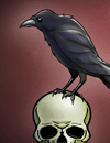 A raven perched on a skull.
