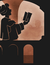 A woman in a pillared hallway reciting a poem.