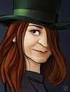 A woman wearing a top hat with hair covering one eye.
