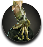 A person wearing a suit with the face of a squid.