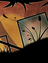 A mirror in a forest under an orange sky.