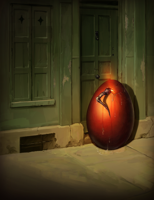 An orange egg, with a leg poking out.