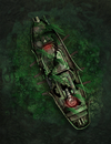 A sunken ship with glowing lights.