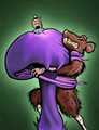 "In a glass case, a stuffed Postal Rat is locked in mortal combat with a preserved blemmigan."